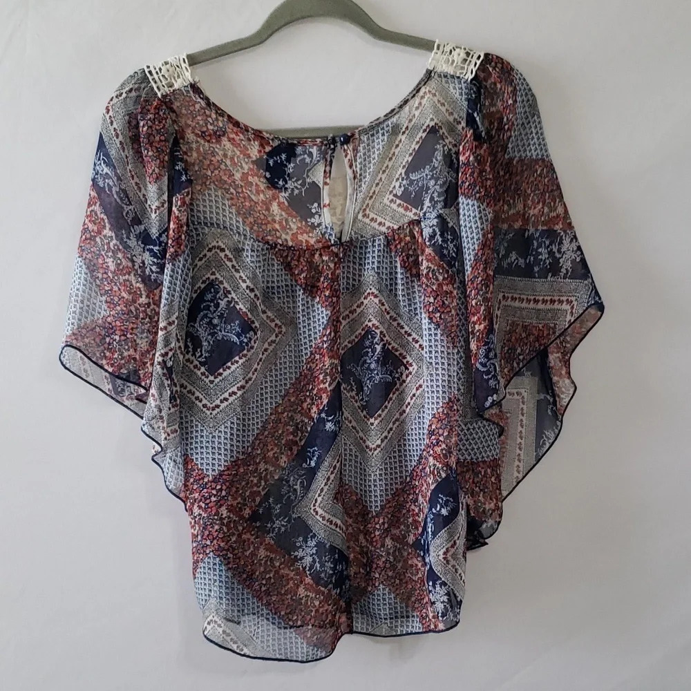 Rue 21 Crochet Sheer Blouse Small Vintage Quilt Inspired Boho Bohemian - Picture 9 of 11